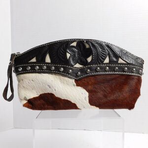 American West Hand Tooled Leather Cow Print Small Travel Cosmetic Zip Up Bag